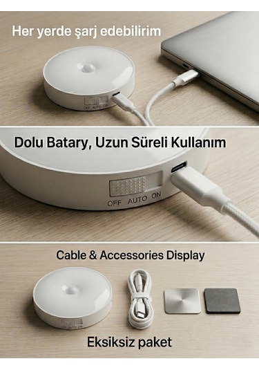 Hareket Sensörlü Yuvarlak Led Aydınlatma & Usb Şarjlı Pratik Gece Lambası 8 Cm Beyaz