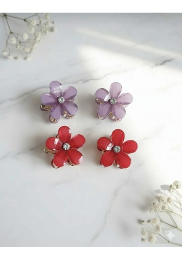 Çiçek Şeklinde Metal Toka, Metal Klipsli Renkli Çiçek Toka 4 Adet 2 Kırmızı - 2 Mor Kırmızı - Mor - Sarı
