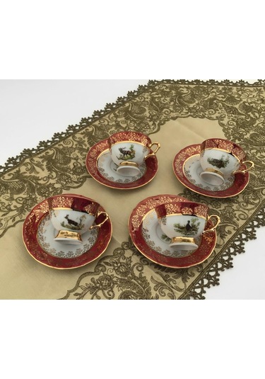 King El Yapımı Çekoslavak Zvırata Bordo Kahve Fincan Takımı 6'lı Diğer