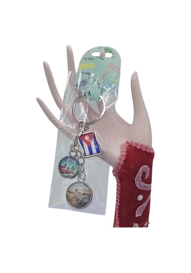 Küba Üçlü Epoksi Metal Çift Taraflı Damla Anahtarlık Cuba Gümüş