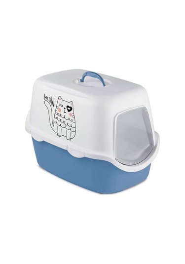Stefanplast Griffe Baskılı Kapalı Kedi Tuvaleti Mavi/beyaz