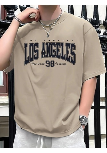Guılanerkek Los Angeles 98 Baskılı Pamuk Spor Tişört, Rahat Ve Modahaki Haki