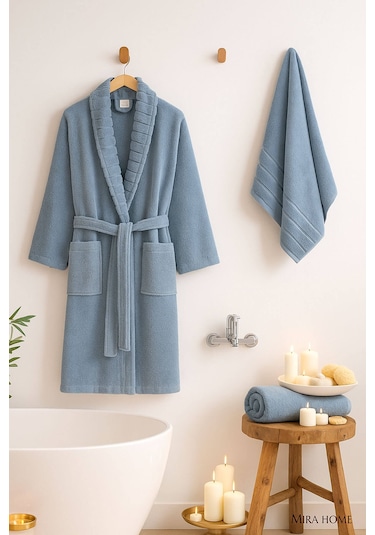 4 Parça Soft Elegance Banyo Aile Bornoz Seti %100 Pamuklu Mavi