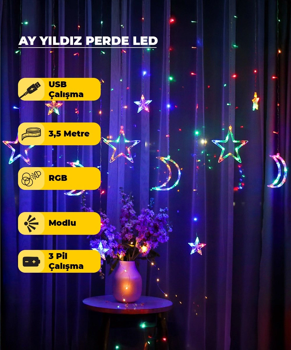 Ay Yıldız Dekoratif Rgb Çok Renkli Led Usb & Pilli - 3,5 Metre - Animasyonlu 3 Metre Rgb Set