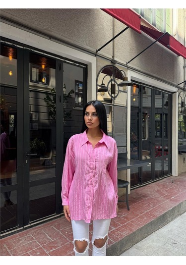 Pembe Çizgili Oversize Düğmeli Gömlek Pembe