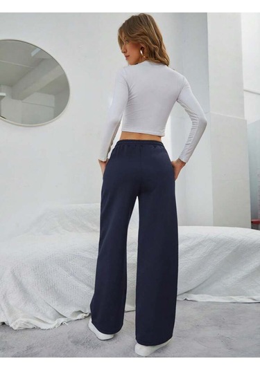 Kallima Kışlık Polarlı Yüksek Bel Lacivert Bol Paça Eşofman Altı Siyah