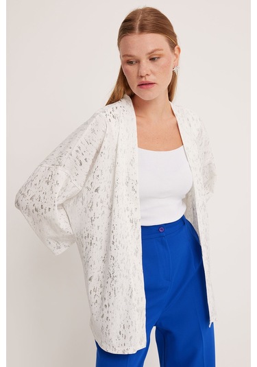 Bigdart Kadın Gümüş Varaklı Örme Kimono 5925 001