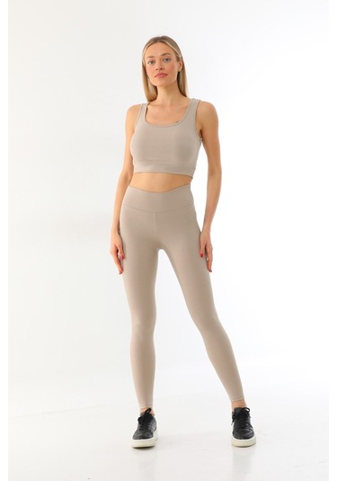 Kallima Bej Toparlayıcı Yüksek Bel Fitilli Spor Tayt-crop Takım