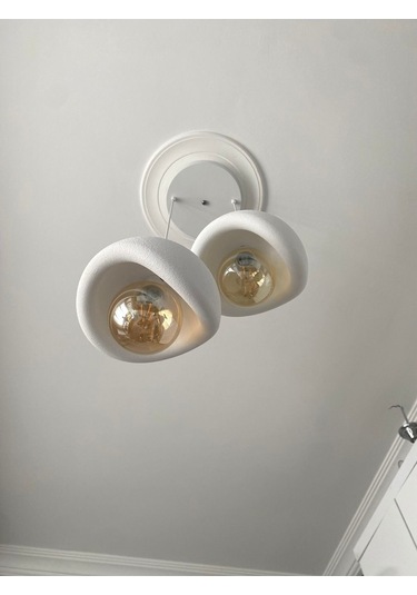 Beton Görünümlü Modern Şık İskandinav Tarz 2 Başlı Avize 25cm Rustik Ampul Hediyeli Nestvibe Beyaz