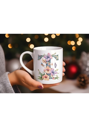 T Harfi Çiçekli Kupa Bardak - Soft Renk Çiçek Ve Kelebek Desenli Zarif Kahve Kupası - Bohem Beyaz