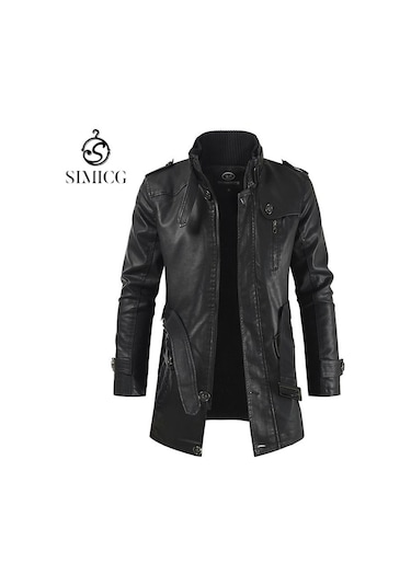 Sımıcg Erkek Orta Boy Yaka Büyük Beden Deri Mont-siyah Siyah