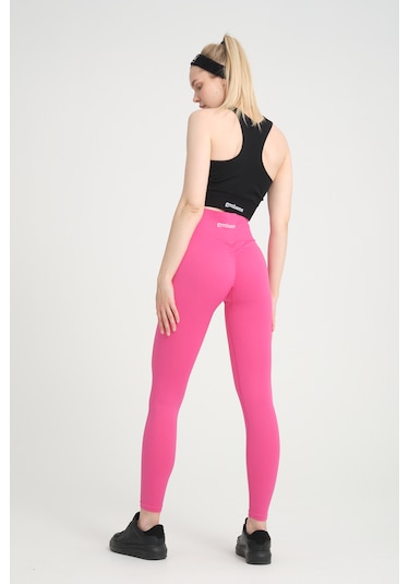 Gymhams Neon Pembe Kalçası Büzgülü Kalça Şekillendirici Push Up Yüksek Bel Spor Tayt Pembe