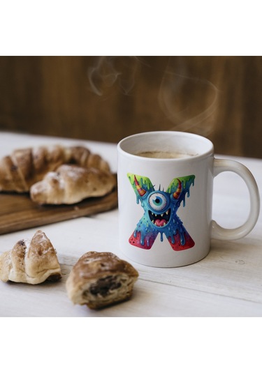 X Harfi Bardak, Sevimli Canavarlar Harflı Bardak Hediyesi Porselen Beyaz