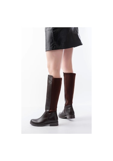 165-305 Kahve Arka Streç Fermuarlı Günlük Kadın Çizme Bej