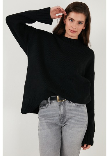 Lela Regular Fit Bisiklet Yaka Basic Triko Bayan Kazak 4616213 Siyah