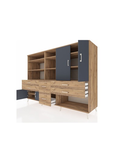 Kronos Dolap 10 Raflı 6 Çekmeceli 4 Kapaklı 220x59x163 Çam-antras Çam-antrasit/çam