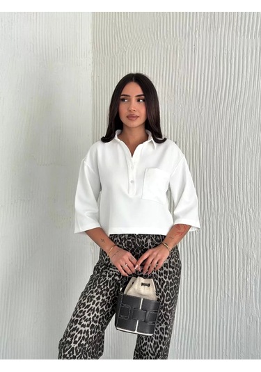 Z Krep Kadın Crop Yakalı Gömlek İlik Düğmeli Üç Çeyrek Sleeve Kol - Beyaz Beyaz