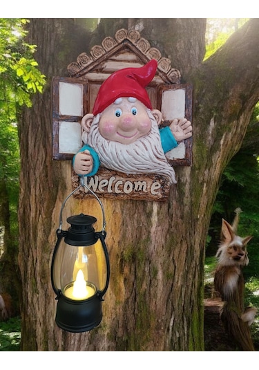 1 Adet Dekoratif Duvar Ve Bahçe Süsü Fenerli Sevimli Cüce Kırmızı