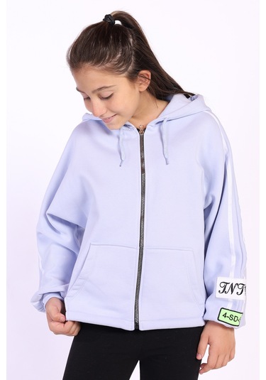 Toontoy Kız Çocuk Kol Üstü Şeritli Armalı Salaş Hırka Mavi