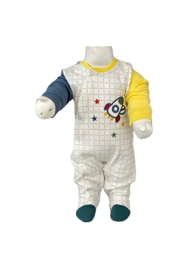 Uzay Desenli Çıtçıtlı Ayaklı Patikli Tulum 0-6 Ay Ekru