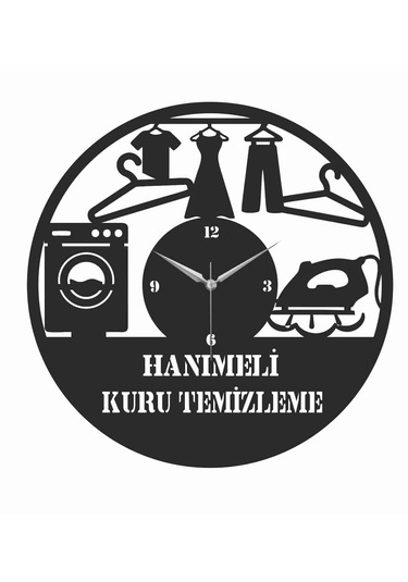 Kuru Temizleme Temalı Ahşap Duvar Saati 50 Cm Siyah
