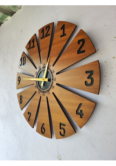 Ahşap Ceviz Mobilya Renk Desenli Hediyelik Sessiz Duvar Saati 50cm