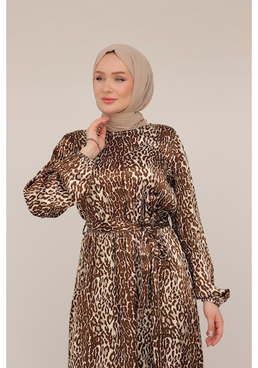 Armine Trend Leopar Desenli Beli Kemerli Elbise Kahverengi 24kt904 Kahverengi