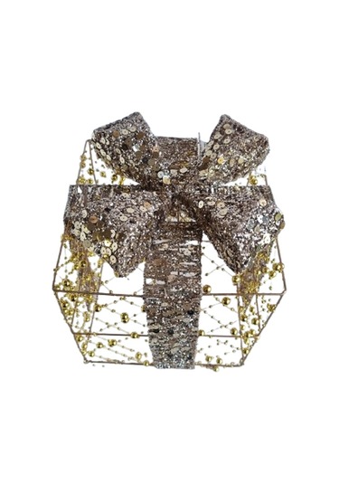 15x15 Cm Yılbaşı Hediye Paketi Metal Süs - Gold Gümüş Payetli Boncuklu Lüks Noel Ağaç Altı Dekorasyonu Diğer