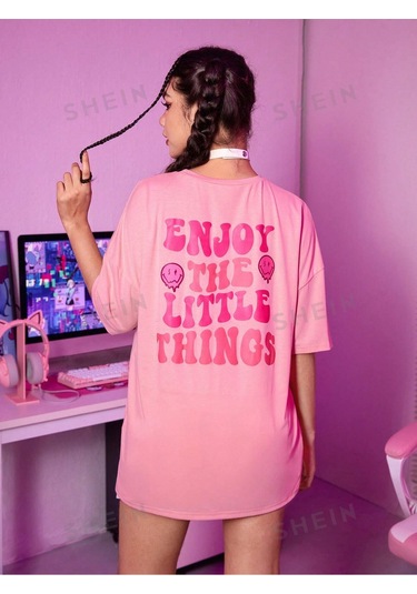 T-shirt - Baskılı Oversize Bisiklet Yaka Kısa Kol Pembe Tişört Pembe