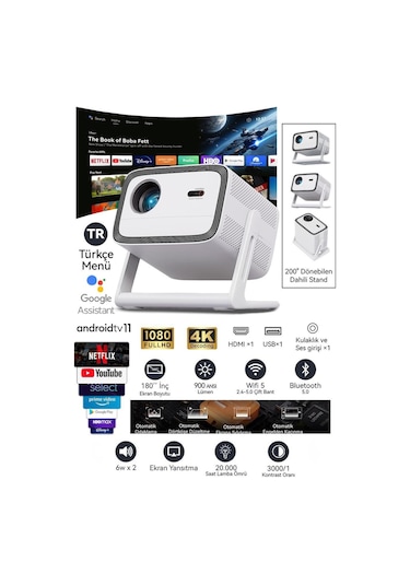 Wanbo Vali 1 Projeksiyon Cihazı 900 ANSI Lümen Android TV Dahili Stand