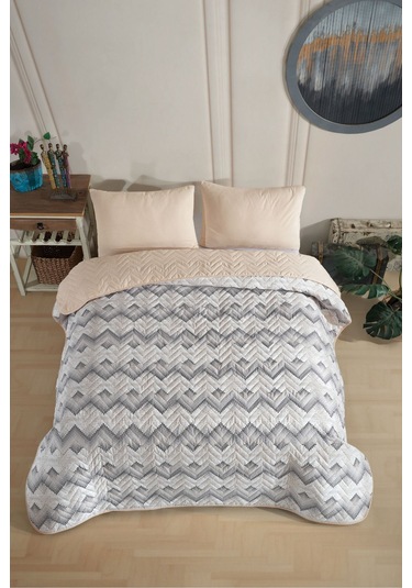 Tek Kişilik Desenli Kapitone Çift Taraflı Renkli Pike Yatak Örtüsü Takımı 160x230 Cm Çarşafsız Bej