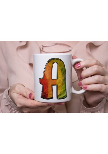 A Harf Yaprak Renkleri İle Kupa Bardak - Kişiye Özel Alfabe Harfli Bardak - Hediye Beyaz