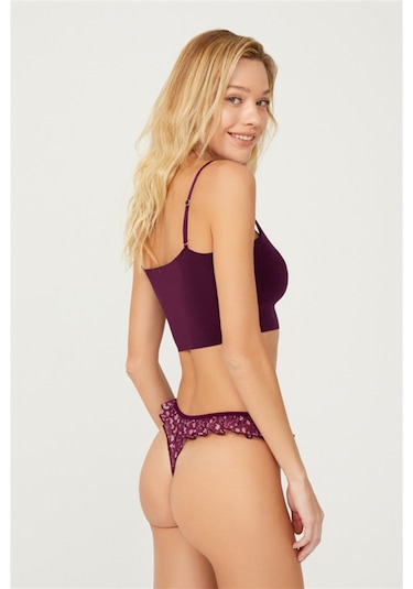 Mürdüm Çiçek Desenli Tül Kenarları Fırfırlı Tanga Külot Mürdüm