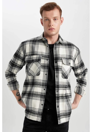 DeFacto Relax Fit Waffle Kareli Pamuklu Uzun Kollu Gömlek Z0639AZ24SPBK81