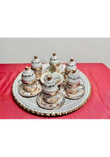 6lı Bakır Düz Fincan Takımı,yuvarlak Tepsi,lokumluk