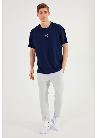 Leo Erkek Oversize Tshirt %100 Pamuk Bisiklet Yaka Baskı Detaylı Basic Tişört Mtlce85 Lacivert