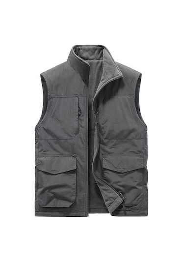 Snapbuy Kışlık Çift Taraflı, Çok Cepli, Bol Kesimli, Kalın Peluşlu Erkek Yeleği Koyu Gri