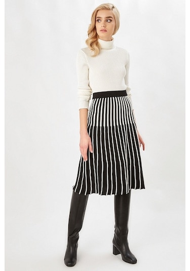 Peraluna Midi Boy Çizgili Çan Etek Siyah_Ekru Siyah