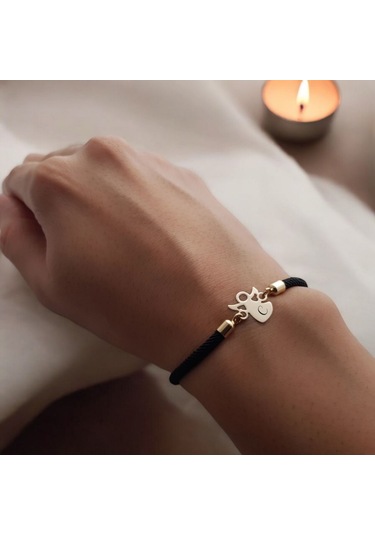 C Harfine Özel Örgü İpli 14 Ayar Altın Plakalı Mevlana Motifli Hediye Bileklik-319harf-siyah Altın