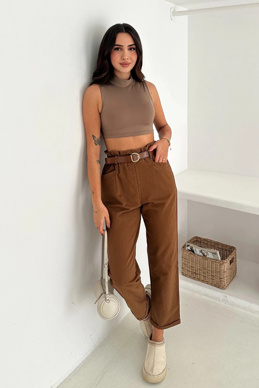 Yıkamalı Pamuk Yağmur Gabardin Yüksek Bel Pantolon Kahverengi Kahverengi