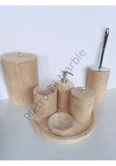 Sarı Traverten Klasik Model 7 Parça Gümüş Renk Düğme Aksesuarlı Banyo Seti Sarı Traverten