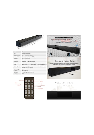 Arion BS-28B 20 W Kablosuz Bluetooth Soundbar