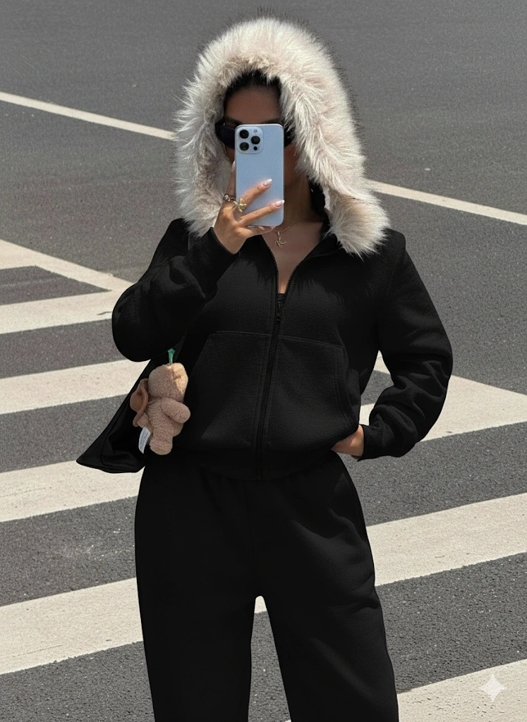 Kadın Siyah Fermuarlı Kapüşonlu Sweatshirt Eşfoman Takımı Kürklü Kapüşon, Cepli, Rahat Kalıp Siyah