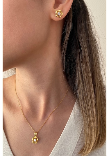 18k Altın Kaplamalı 925 Ayar Gümüş Çiçek Set - 67018602 Altın