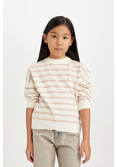 DeFacto Kız Çocuk Bisiklet Yaka Çizgili Triko Kazak D6759A8NSPN26 Pembe