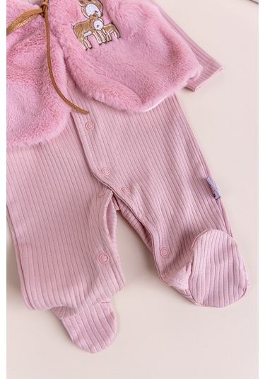 Peluş Yelekli Pamuklu İkili Kız Bebek Tulum Set Gülkurusu