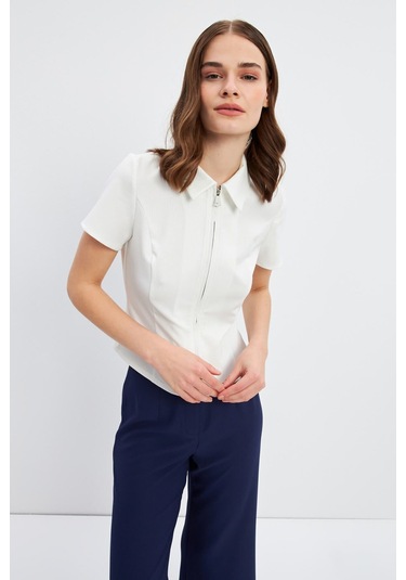 Stella Pulvis Beyaz Fermuarlı Slim Fit Kuplu Bluz Beyaz