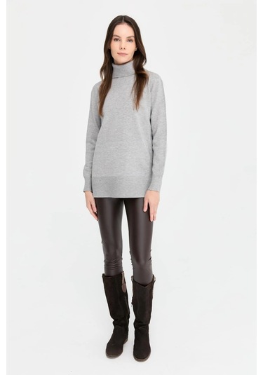 Desen Triko Kadın Tam Balıkçı Yaka Dikişsiz Kazak 23391 Gri Gri