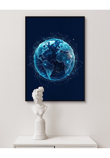 Tablo Ahşap Çerçeveli Tablo Çerçeveli Poster Dijital Ağ Dünya Temalı Tablo, Soyut Tablo