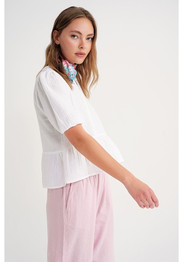 4713 Kadın Beli Büzgülü Kolu Lastikli Bol Müslin Bluz Beyaz Beyaz